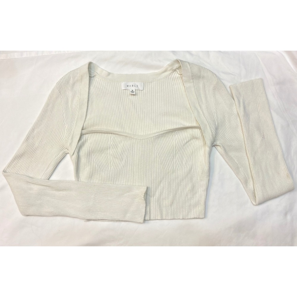 Mable Bolero Knit Crop Top Medium White Ribbed Sweetheart - Picture 2 of 4